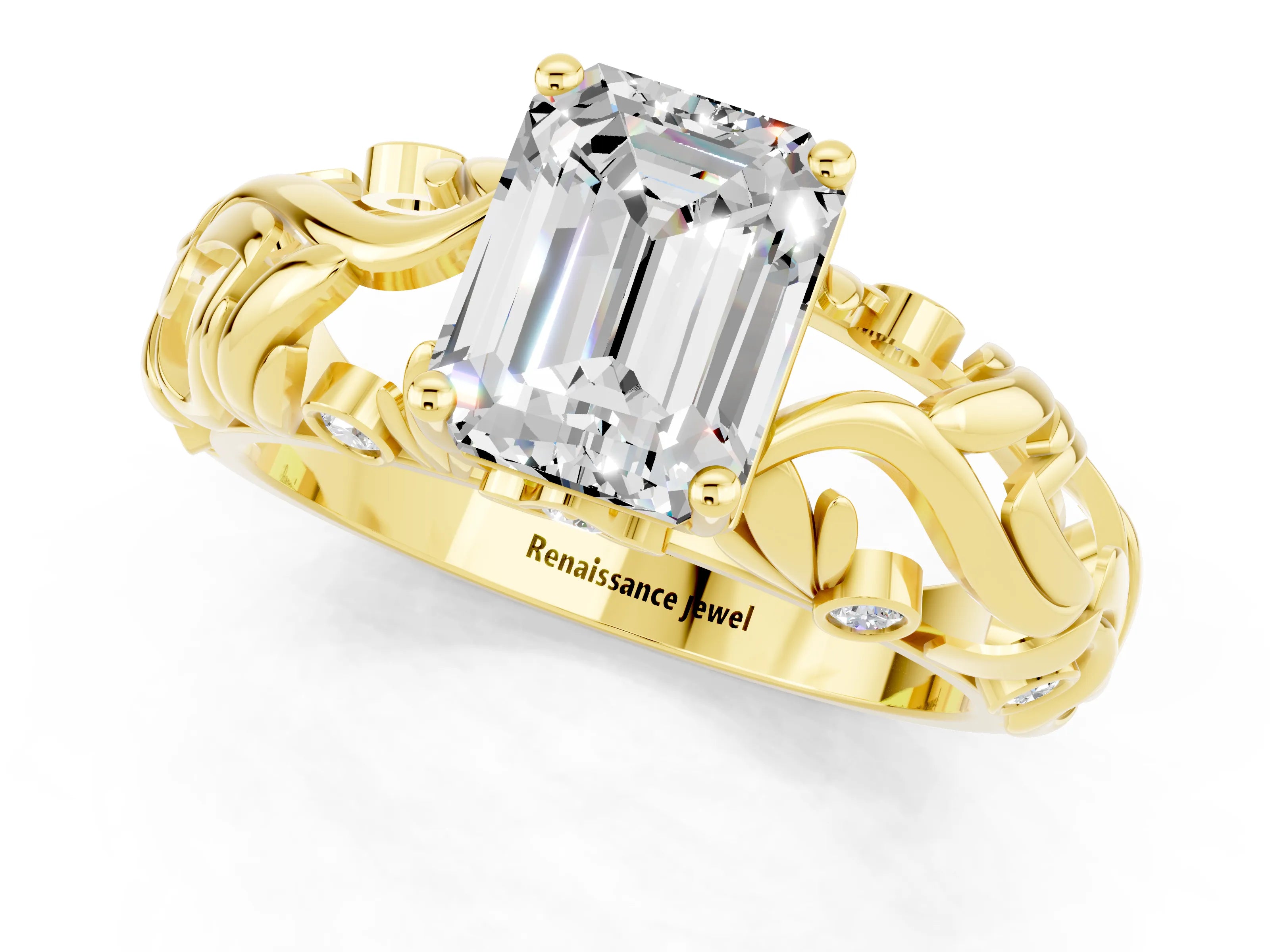 Yellow gold Emerald Cut Solitaire Moissanite Leaf-Inspired Vine Band Ring with Prong Setting_1