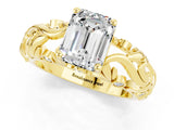 Yellow gold Emerald Cut Solitaire Moissanite Leaf-Inspired Vine Band Ring with Prong Setting_1