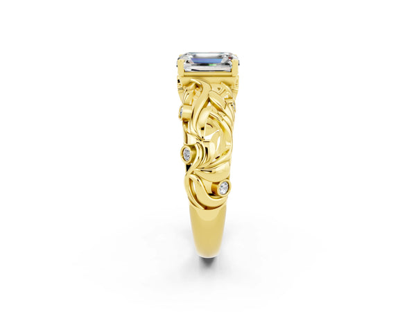 Yellow gold Emerald Cut Solitaire Moissanite Leaf-Inspired Vine Band Ring with Prong Setting