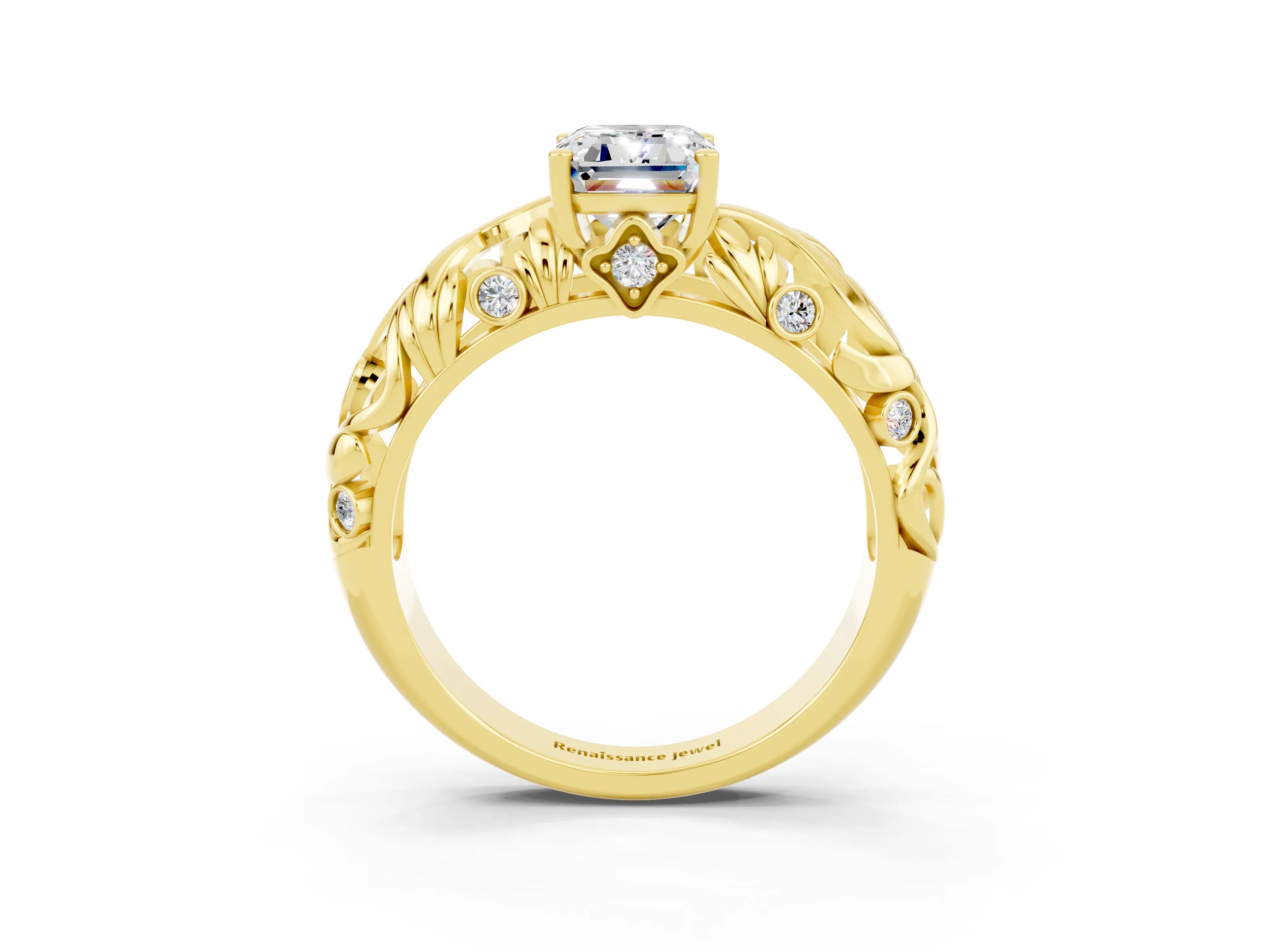 Yellow gold Emerald Cut Solitaire Moissanite Leaf-Inspired Vine Band Ring with Prong Setting_3