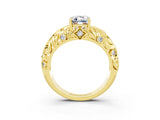 Yellow gold Emerald Cut Solitaire Moissanite Leaf-Inspired Vine Band Ring with Prong Setting_3