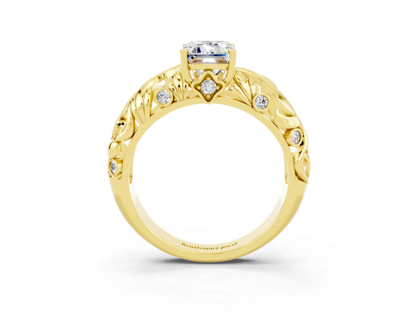 Yellow gold Emerald Cut Solitaire Moissanite Leaf-Inspired Vine Band Ring with Prong Setting