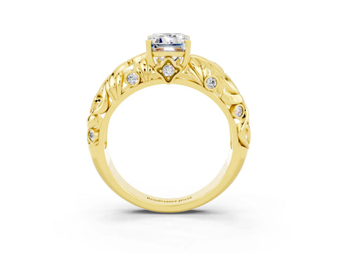 Yellow gold Emerald Cut Solitaire Moissanite Leaf-Inspired Vine Band Ring with Prong Setting_3