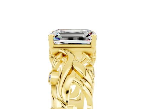 Yellow gold Emerald Cut Solitaire Moissanite Leaf-Inspired Vine Band Ring with Prong Setting_5