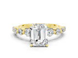 Yellow gold Emerald Cut Solitaire Moissanite Ring with Pave Band and Four-Prong Setting