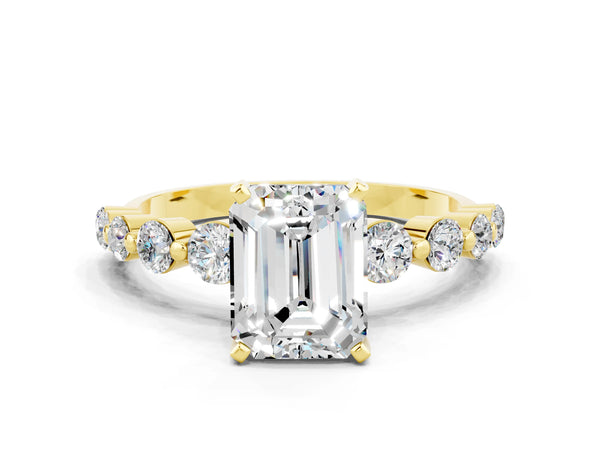 Yellow gold Emerald Cut Solitaire Moissanite Ring with Pave Band and Four-Prong Setting