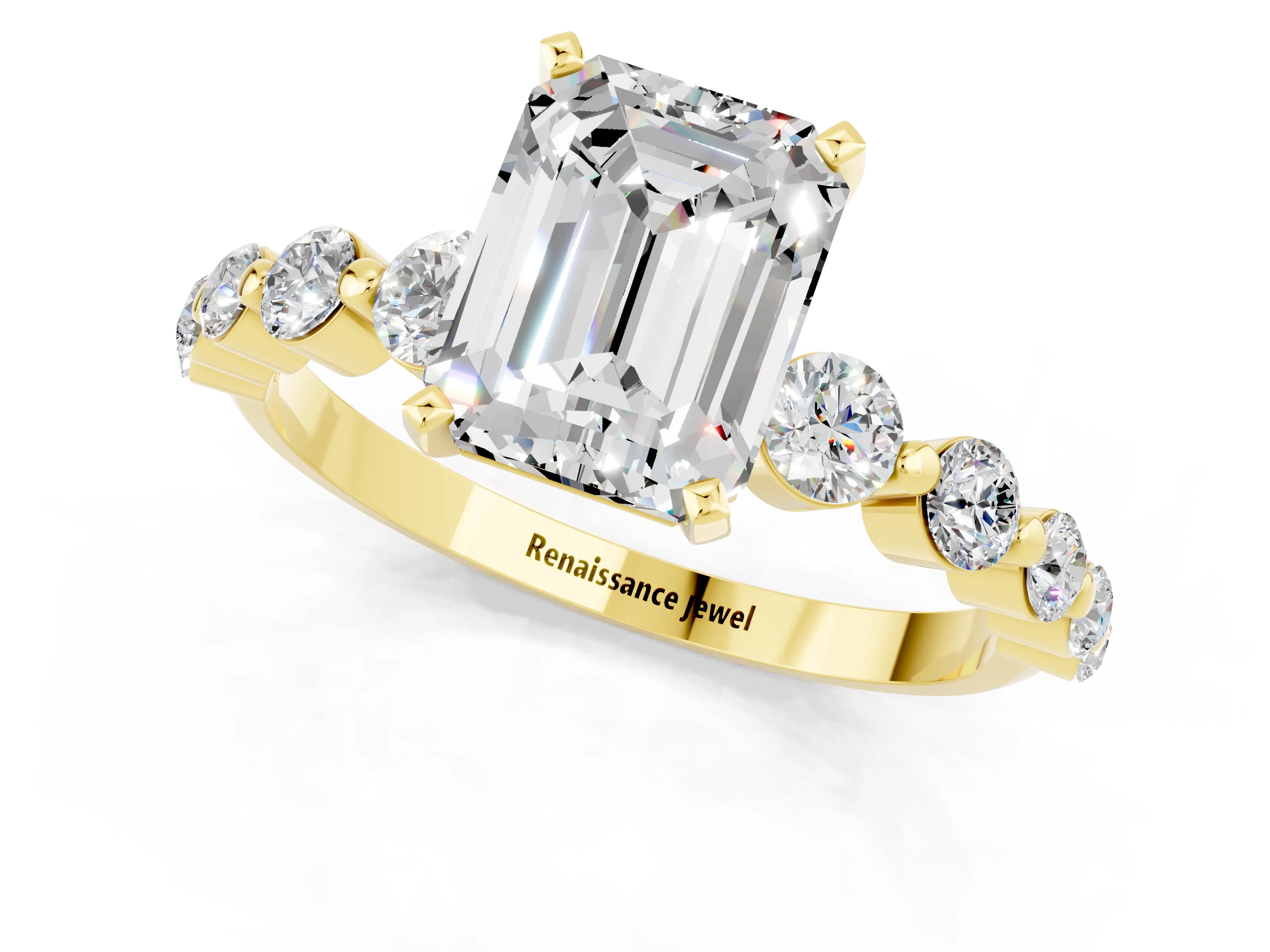 Yellow gold Emerald Cut Solitaire Moissanite Ring with Pave Band and Four-Prong Setting_1