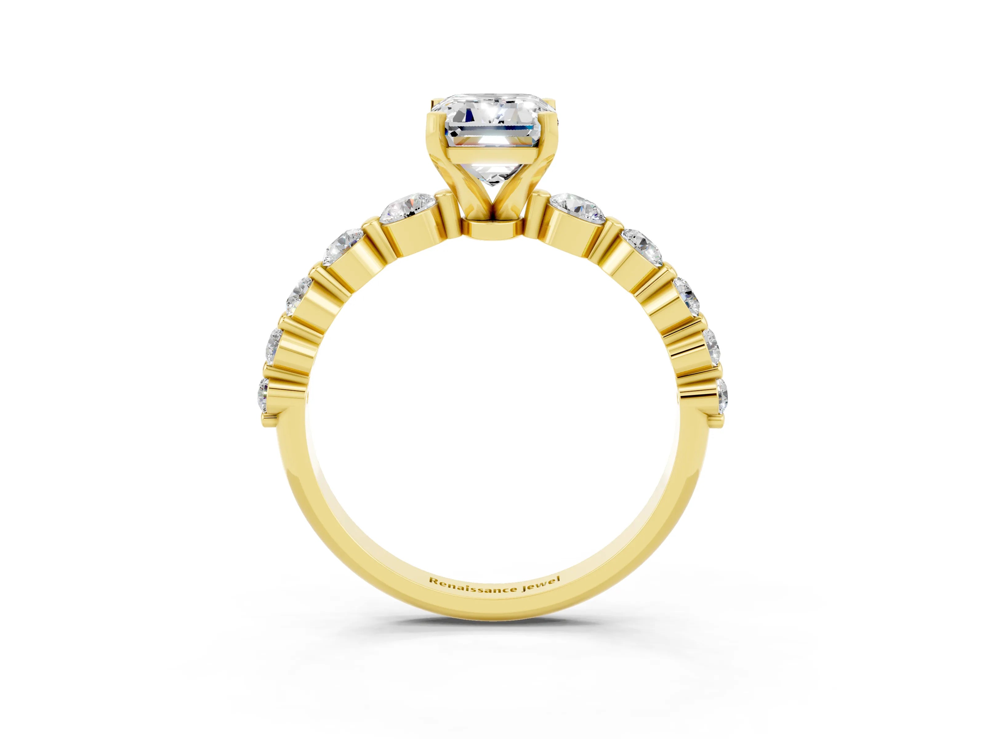 Yellow gold Emerald Cut Solitaire Moissanite Ring with Pave Band and Four-Prong Setting_3
