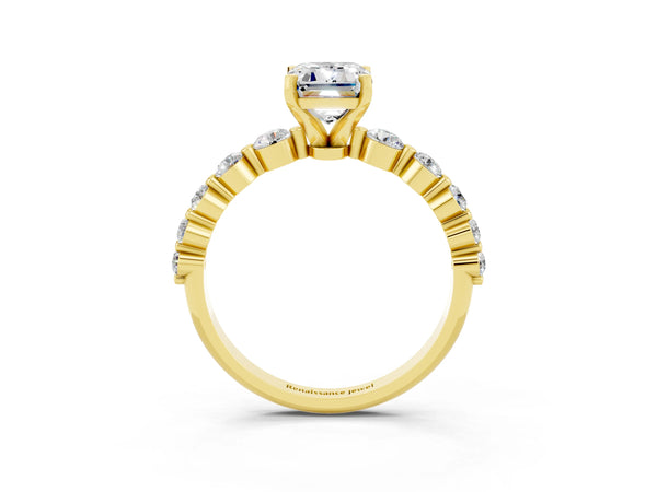 Yellow gold Emerald Cut Solitaire Moissanite Ring with Pave Band and Four-Prong Setting