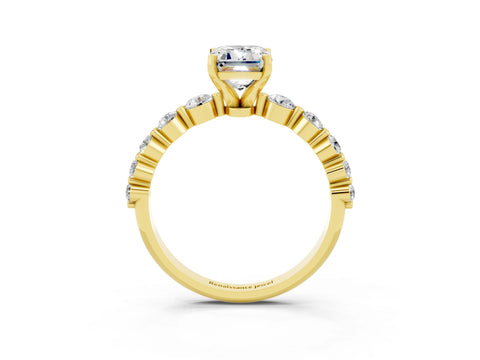 Yellow gold Emerald Cut Solitaire Moissanite Ring with Pave Band and Four-Prong Setting_3