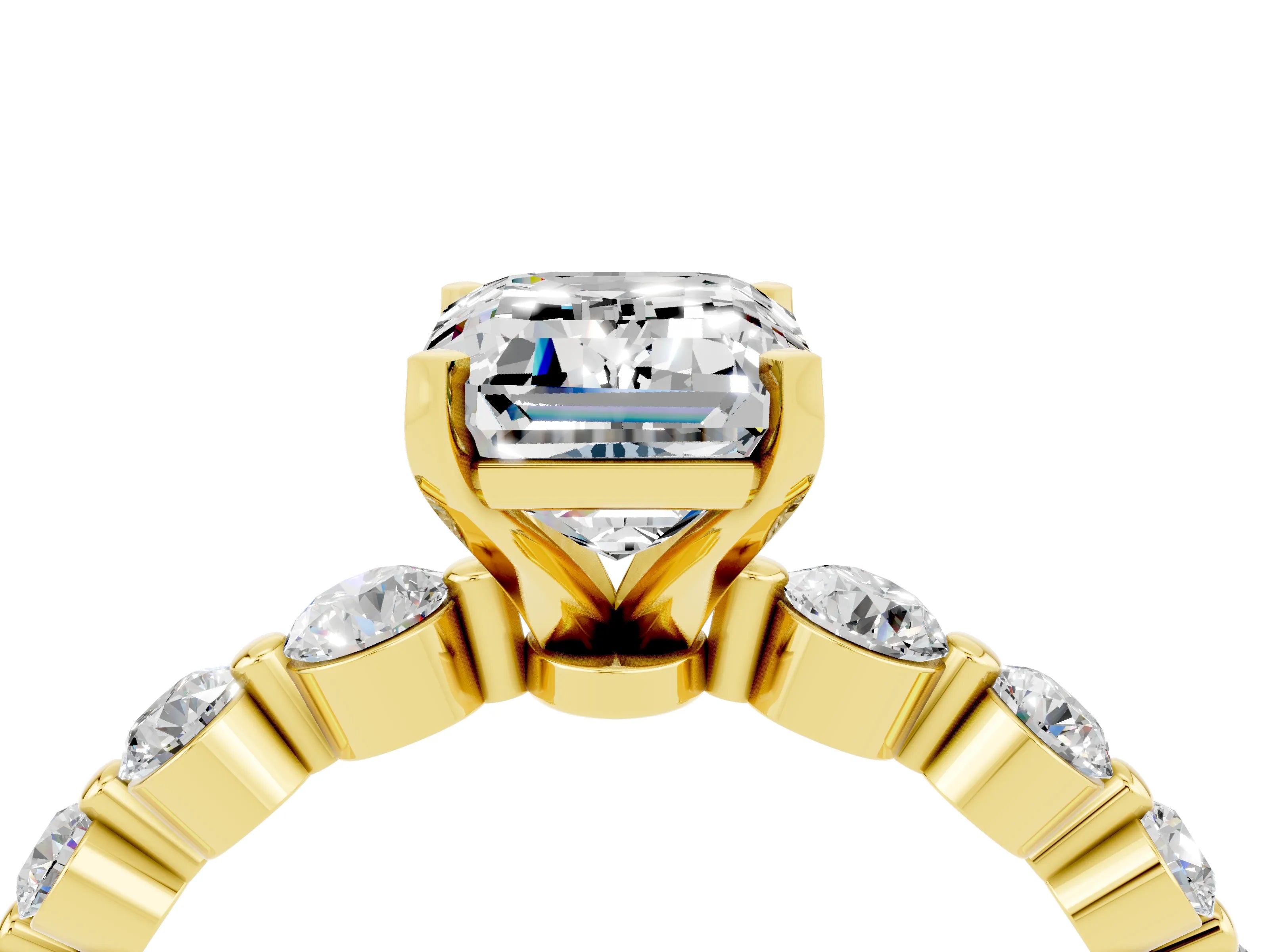 Yellow gold Emerald Cut Solitaire Moissanite Ring with Pave Band and Four-Prong Setting_4