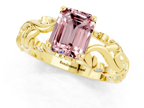 Yellow gold Emerald Cut Solitaire Morganite Leaf-Inspired Vine Band Ring with Prong Setting_1