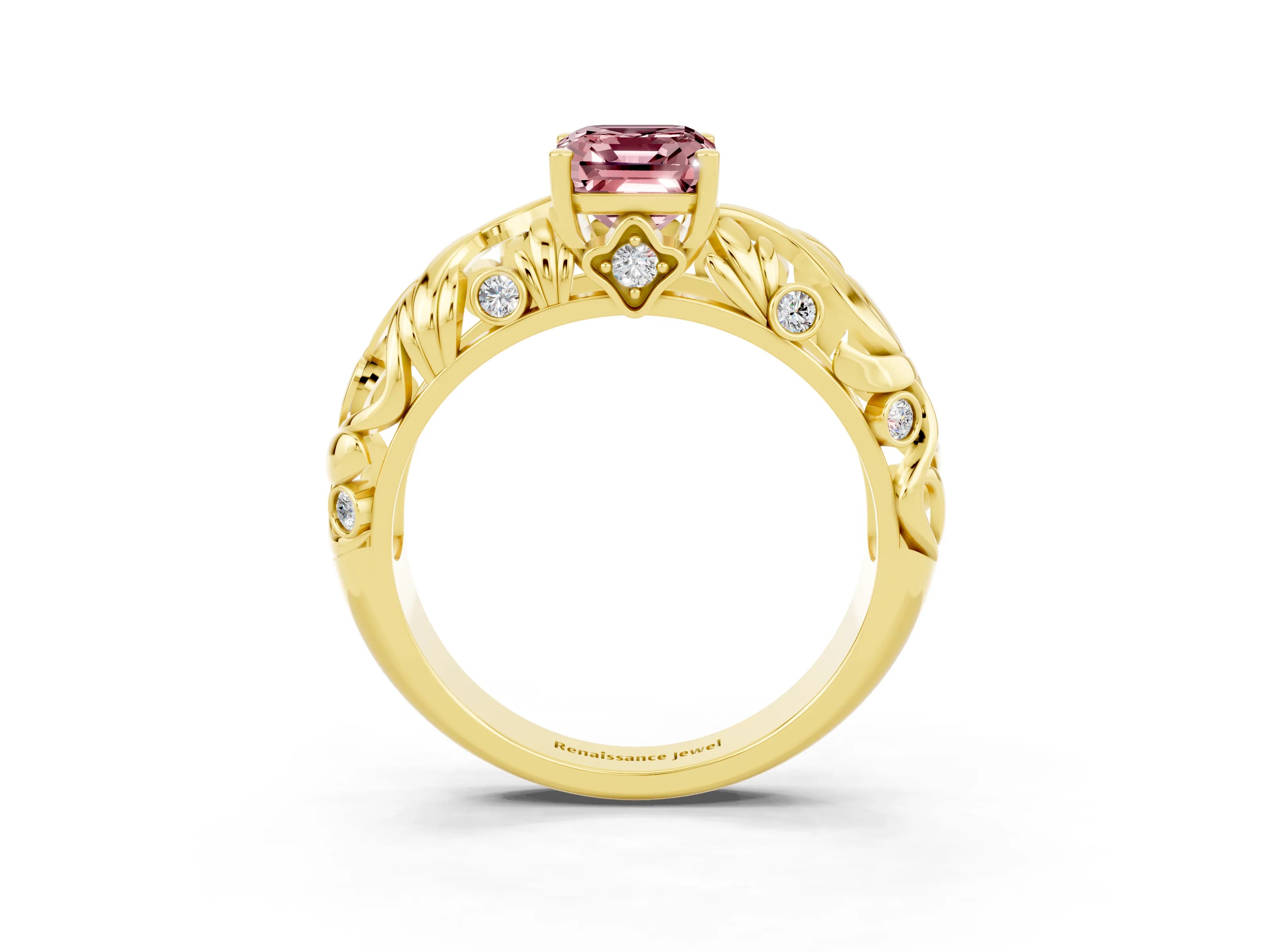 Yellow gold Emerald Cut Solitaire Morganite Leaf-Inspired Vine Band Ring with Prong Setting_3