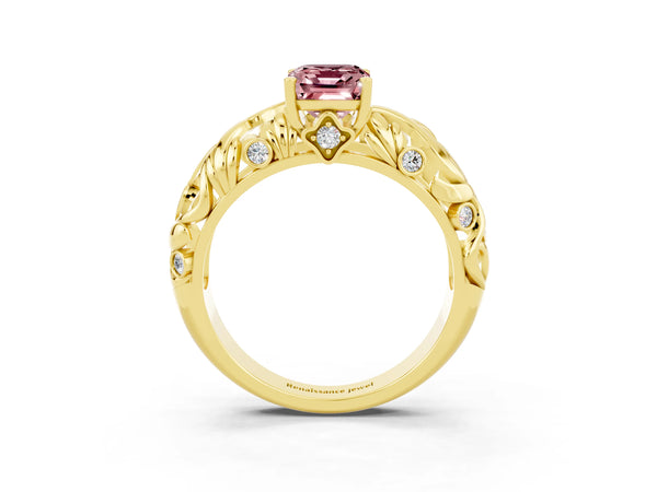 Yellow gold Emerald Cut Solitaire Morganite Leaf-Inspired Vine Band Ring with Prong Setting