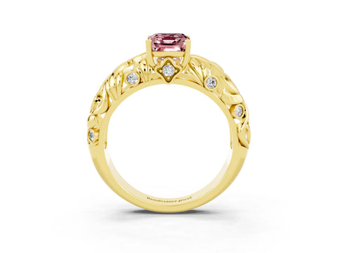 Yellow gold Emerald Cut Solitaire Morganite Leaf-Inspired Vine Band Ring with Prong Setting_3