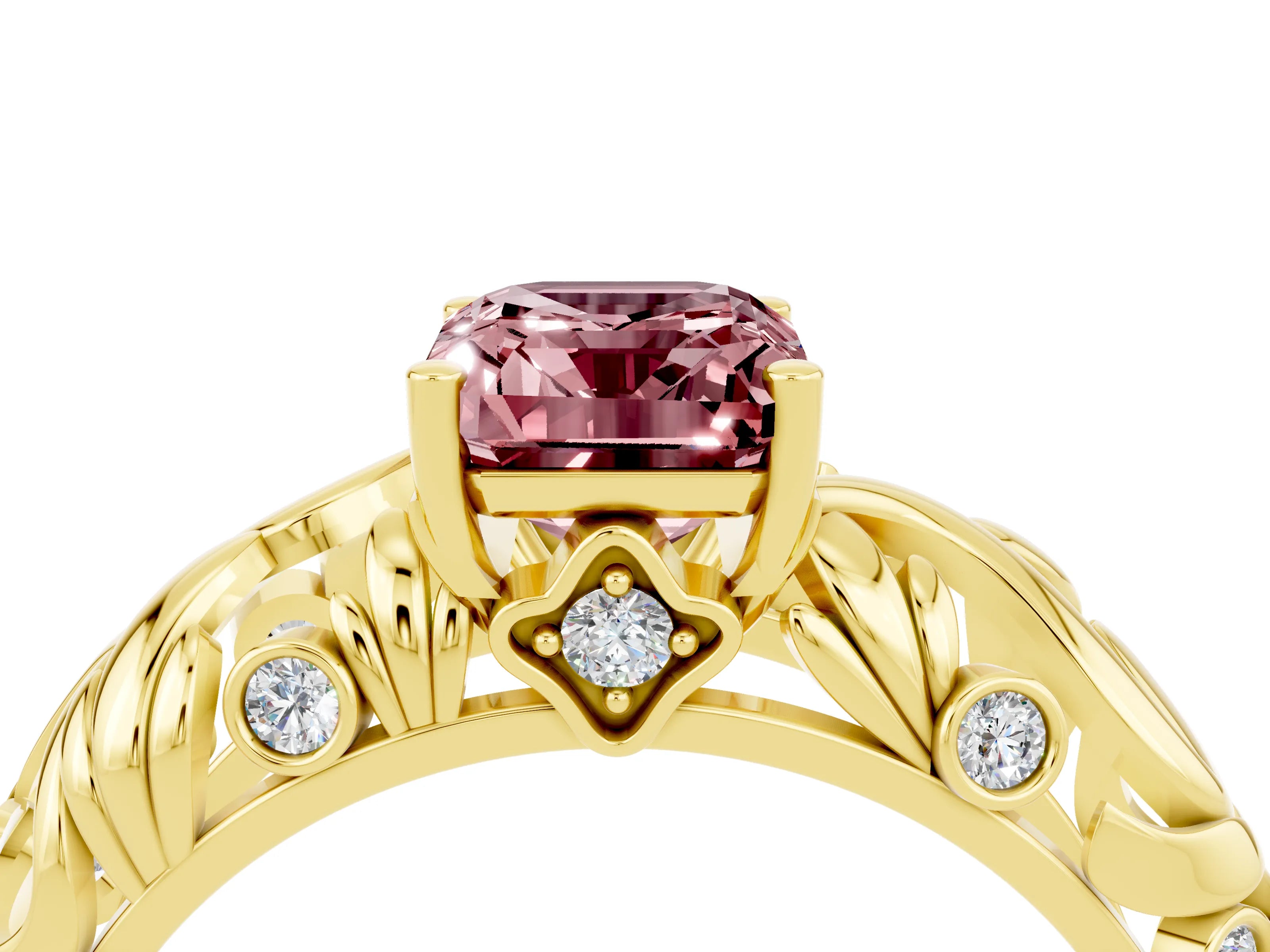 Yellow gold Emerald Cut Solitaire Morganite Leaf-Inspired Vine Band Ring with Prong Setting_4