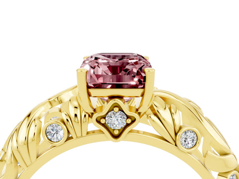 Yellow gold Emerald Cut Solitaire Morganite Leaf-Inspired Vine Band Ring with Prong Setting_4