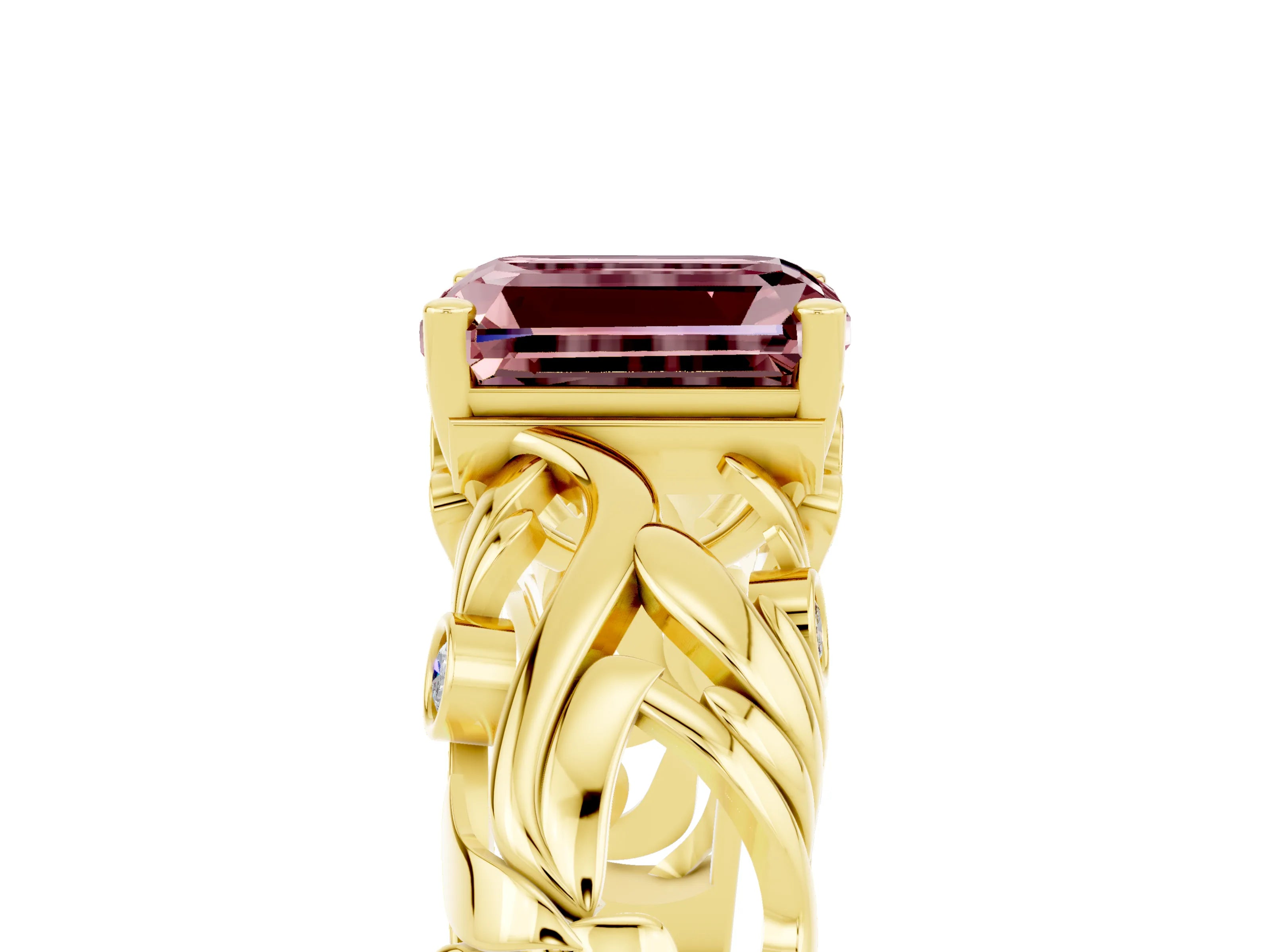 Yellow gold Emerald Cut Solitaire Morganite Leaf-Inspired Vine Band Ring with Prong Setting_5