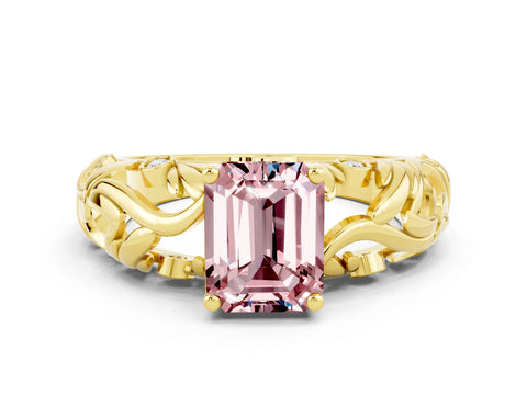 Yellow gold Emerald Cut Solitaire Morganite Leaf-Inspired Vine Band Ring with Prong Setting