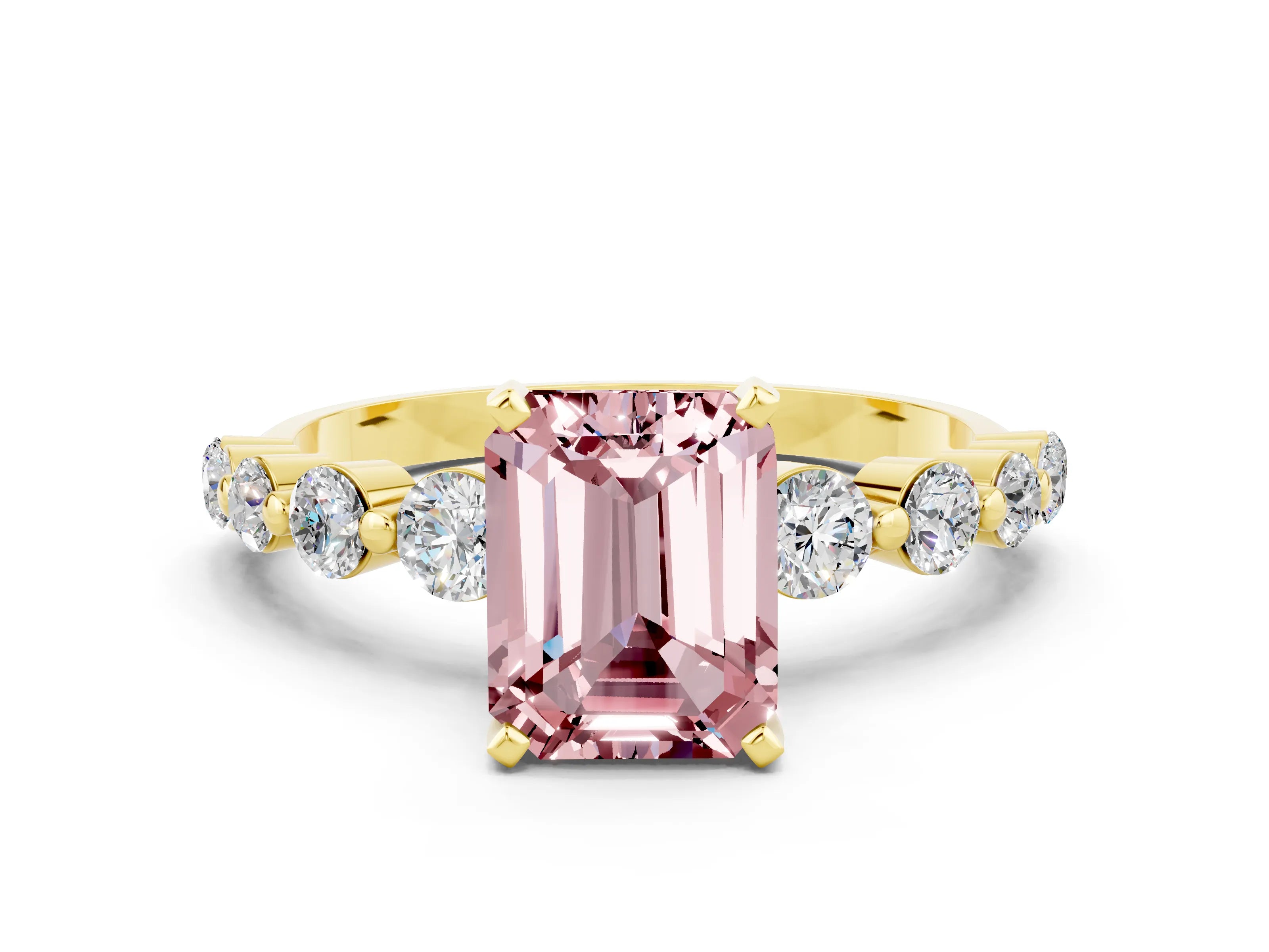 Yellow gold Emerald Cut Solitaire Morganite Ring with Pave Band and Four-Prong Setting