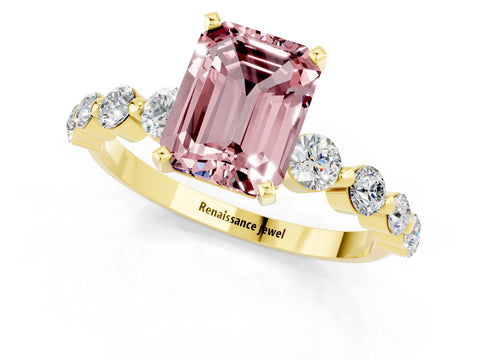 Yellow gold Emerald Cut Solitaire Morganite Ring with Pave Band and Four-Prong Setting_1
