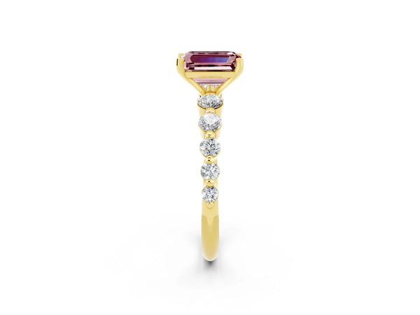 Yellow gold Emerald Cut Solitaire Morganite Ring with Pave Band and Four-Prong Setting