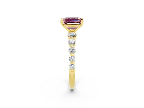Yellow gold Emerald Cut Solitaire Morganite Ring with Pave Band and Four-Prong Setting_2