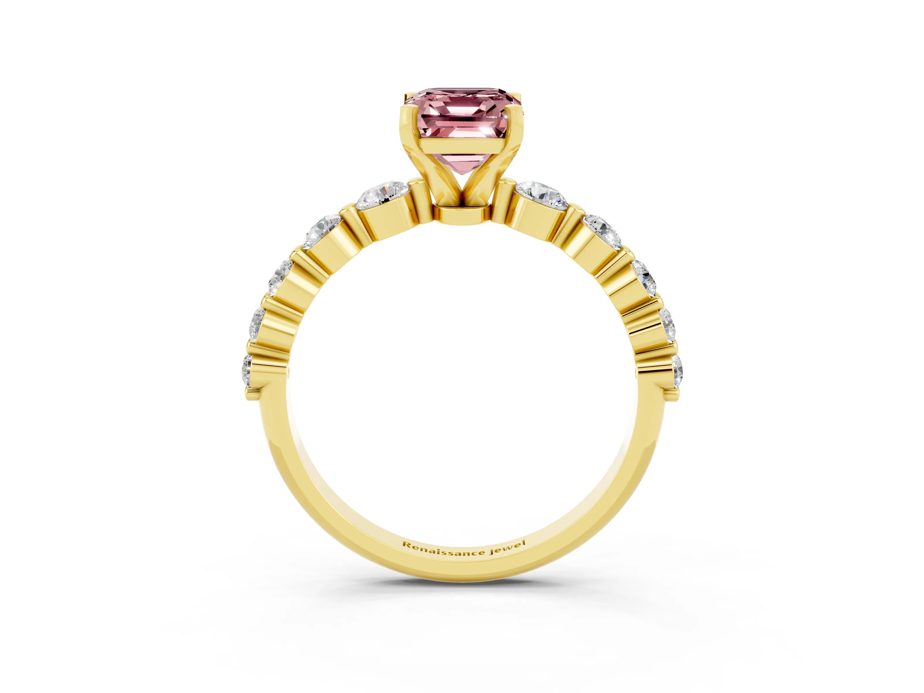 Yellow gold Emerald Cut Solitaire Morganite Ring with Pave Band and Four-Prong Setting_3