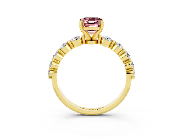 Yellow gold Emerald Cut Solitaire Morganite Ring with Pave Band and Four-Prong Setting