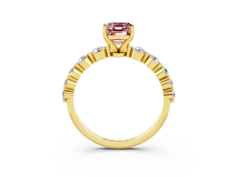 Yellow gold Emerald Cut Solitaire Morganite Ring with Pave Band and Four-Prong Setting_3