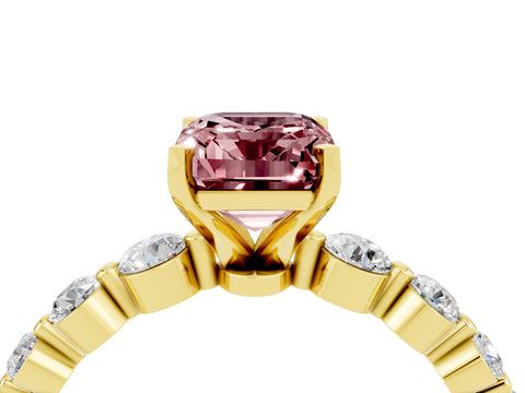 Yellow gold Emerald Cut Solitaire Morganite Ring with Pave Band and Four-Prong Setting_4
