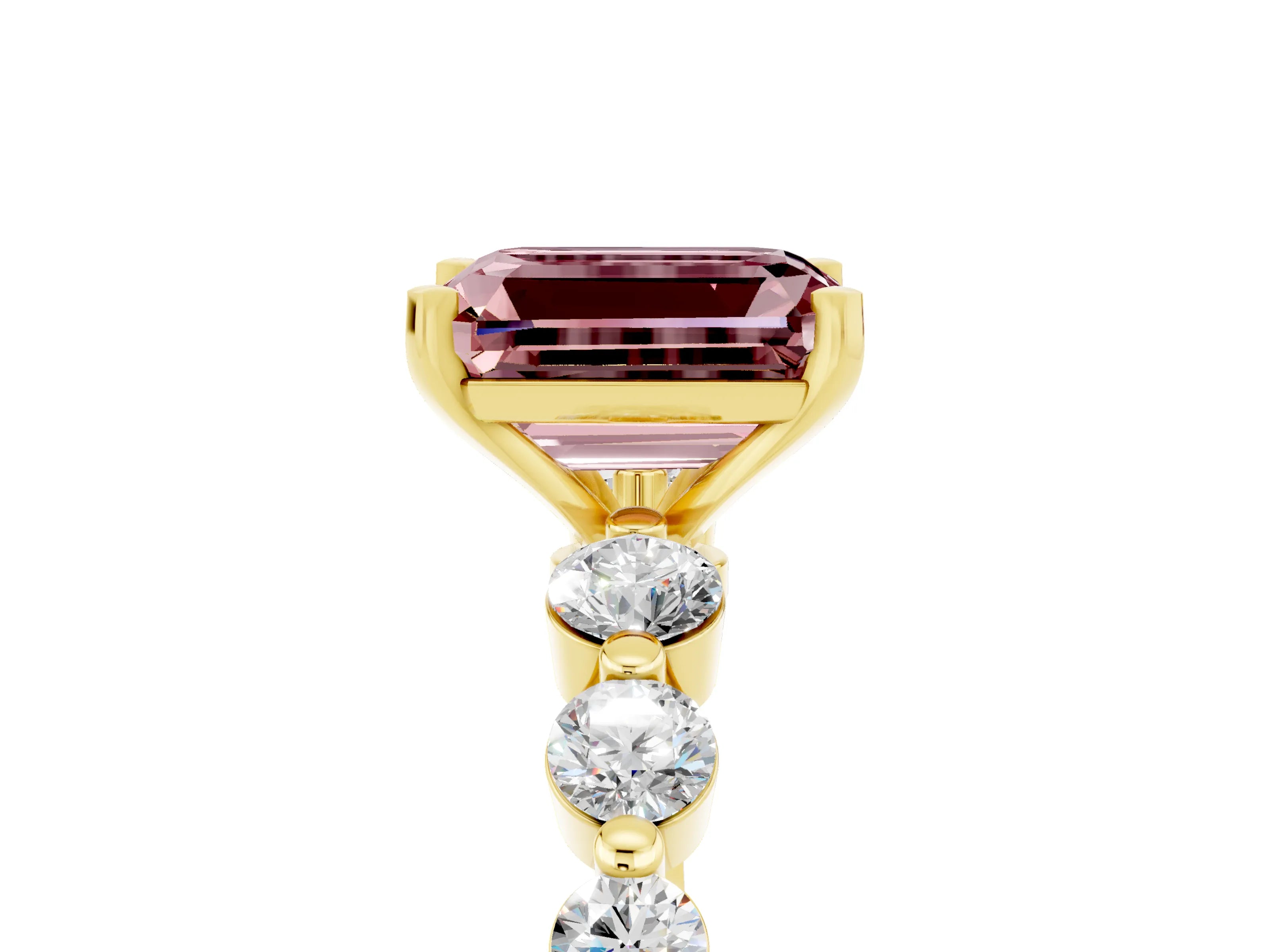 Yellow gold Emerald Cut Solitaire Morganite Ring with Pave Band and Four-Prong Setting_5