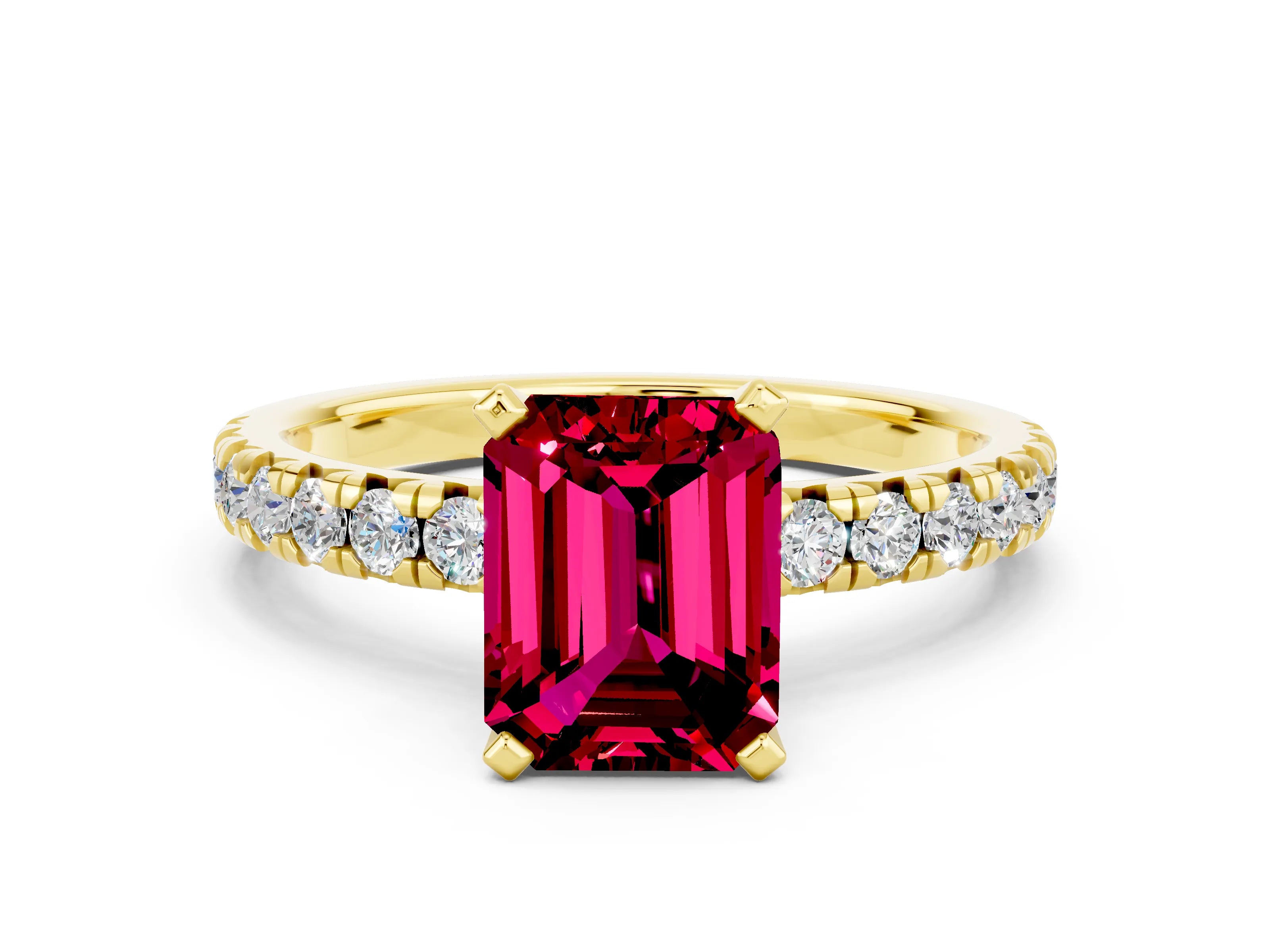 Yellow gold Emerald Cut Solitaire Pave Diamond Engagement Ring with Four-Prong Setting