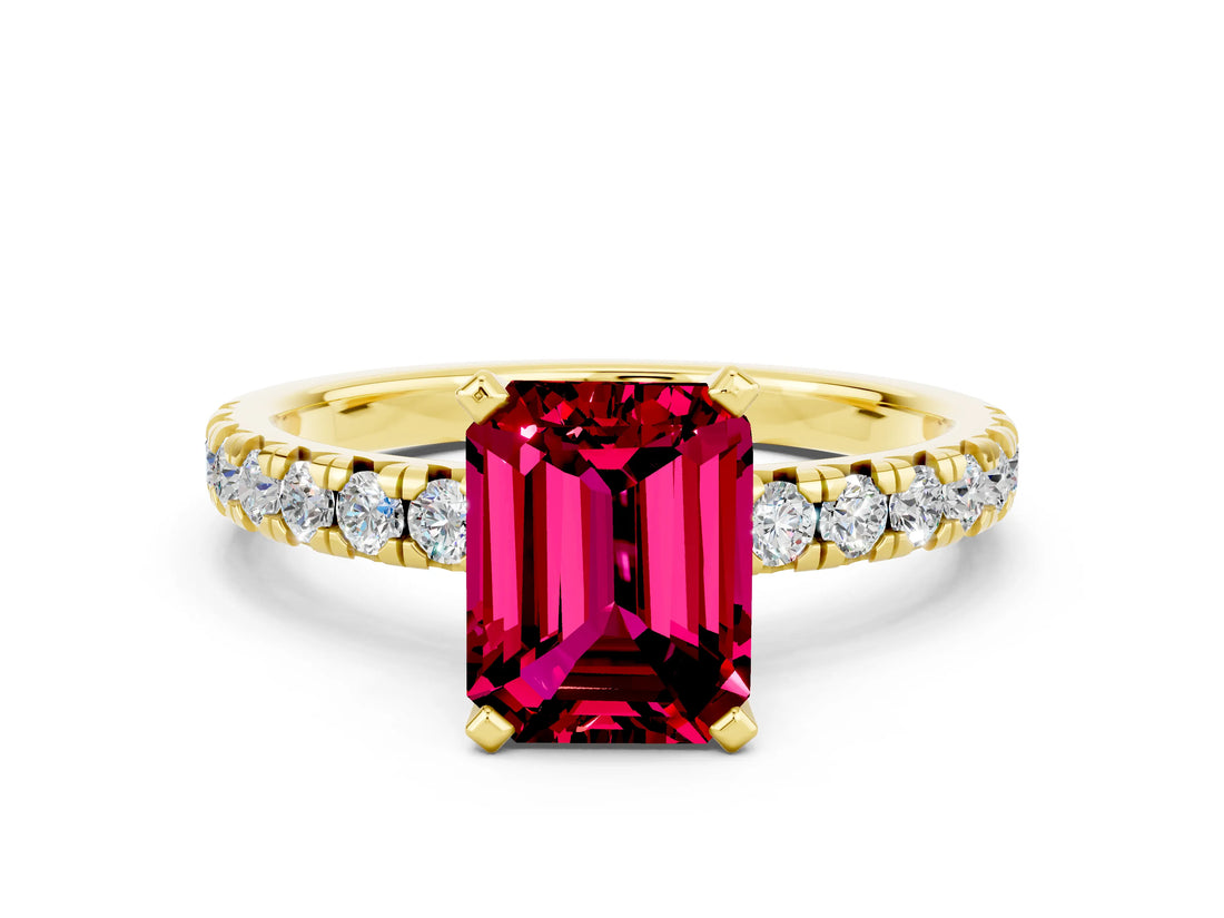 Yellow gold Emerald Cut Solitaire Pave Diamond Engagement Ring with Four-Prong Setting