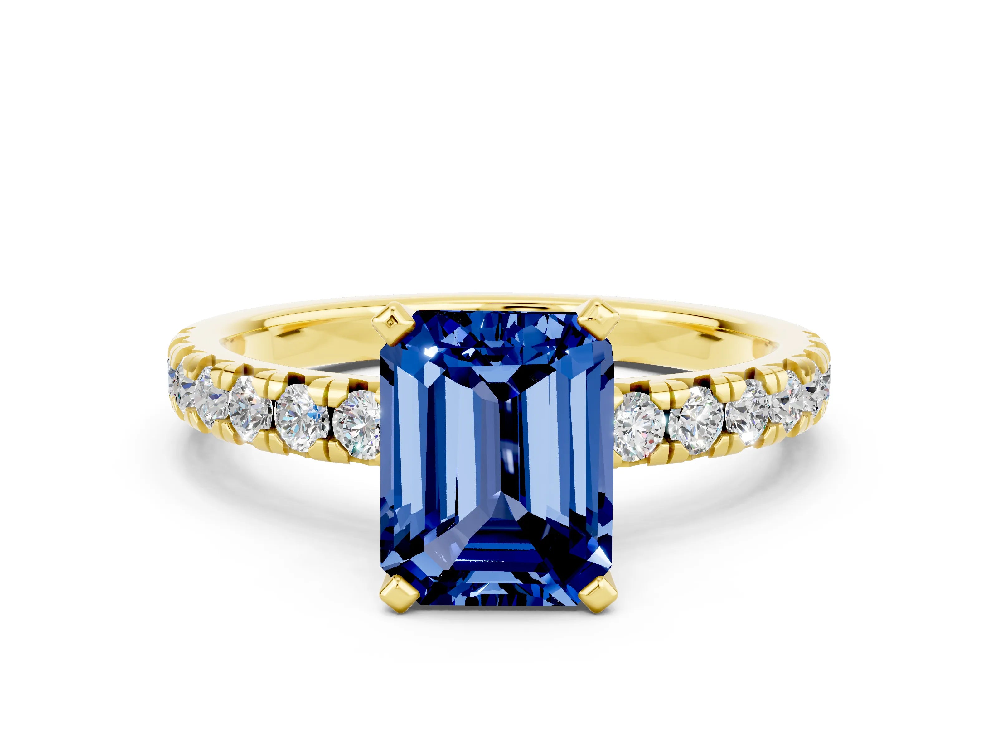 Yellow gold Emerald Cut Solitaire Pave Diamond Engagement Ring with Four-Prong Setting