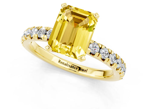 Yellow gold Emerald Cut Solitaire Pave Diamond Engagement Ring with Four-Prong Setting_1