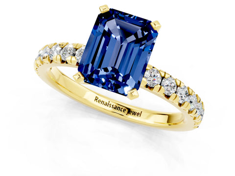 Yellow gold Emerald Cut Solitaire Pave Diamond Engagement Ring with Four-Prong Setting_1