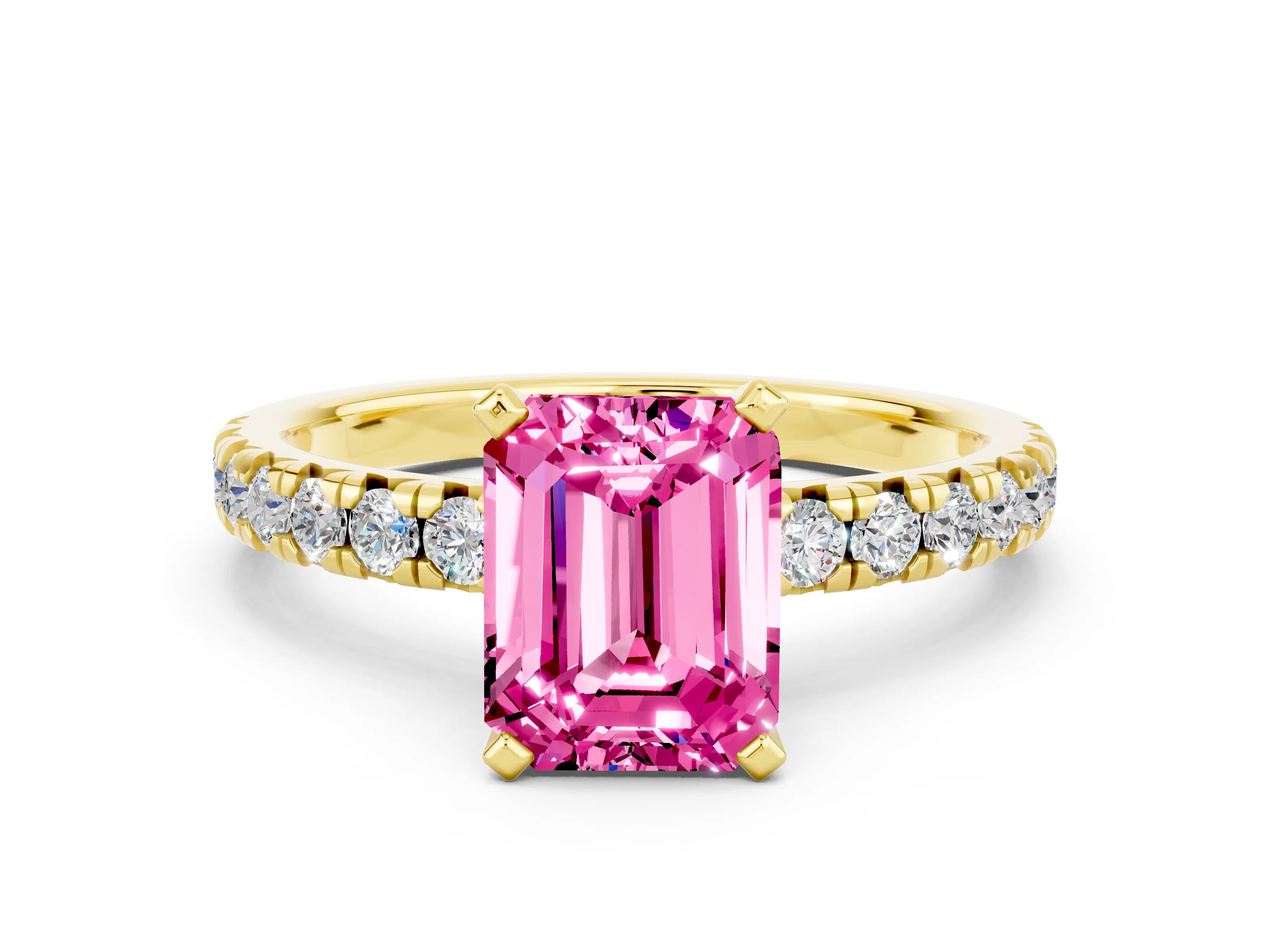 Yellow gold Emerald Cut Solitaire Pave Diamond Engagement Ring with Four-Prong Setting