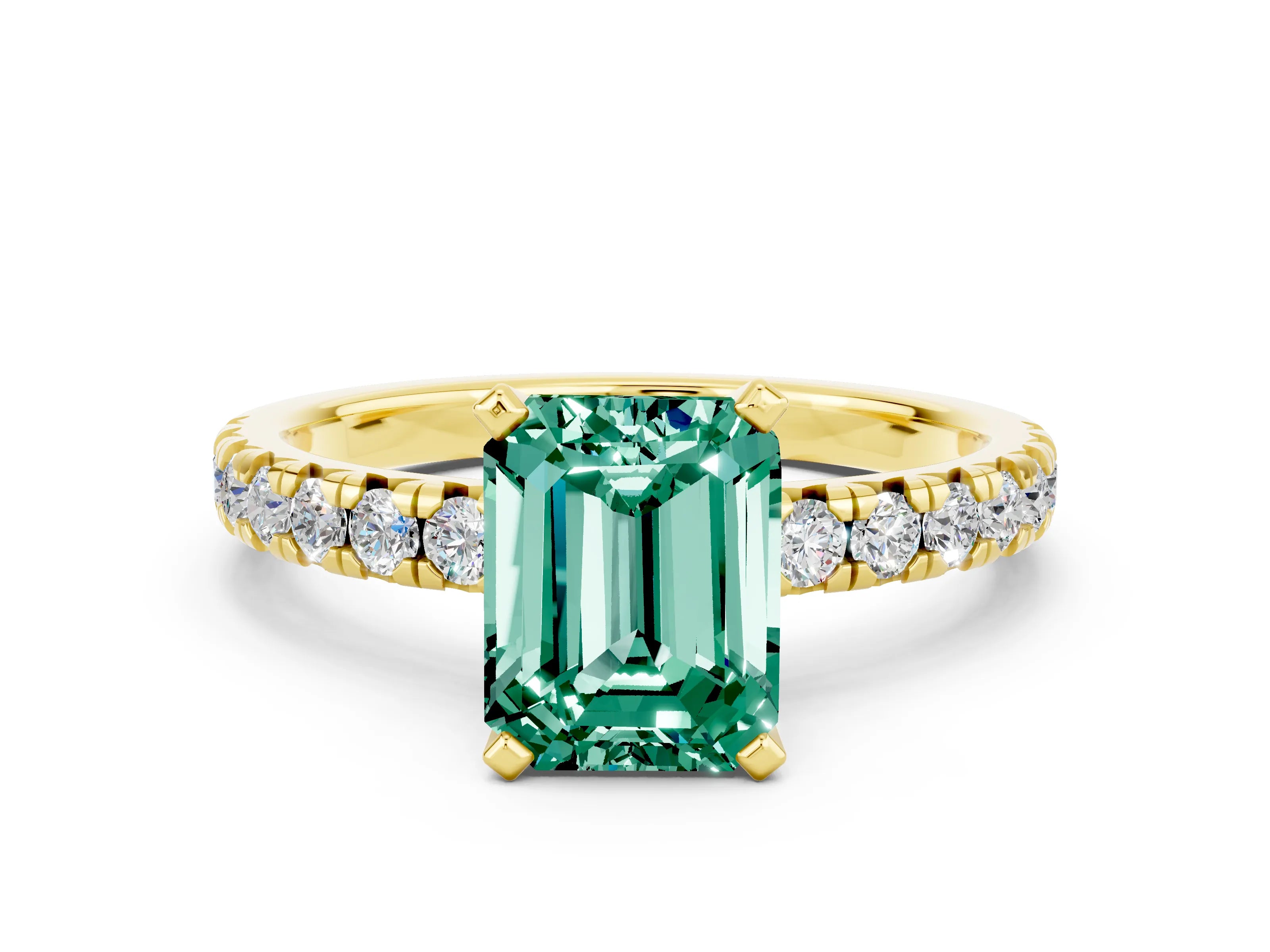 Yellow gold Emerald Cut Solitaire Pave Diamond Engagement Ring with Four-Prong Setting