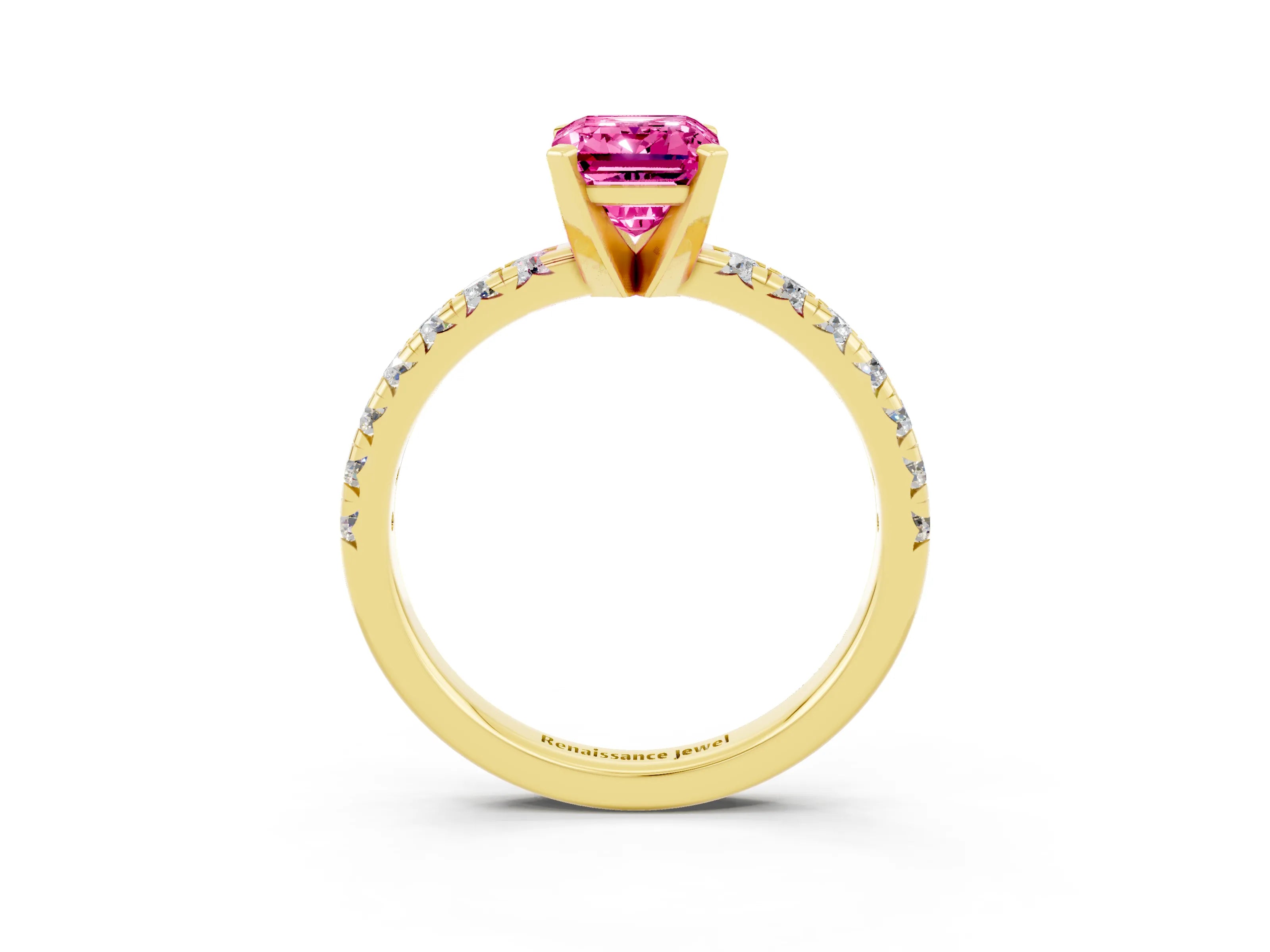 Yellow gold Emerald Cut Solitaire Pave Diamond Engagement Ring with Four-Prong Setting_3