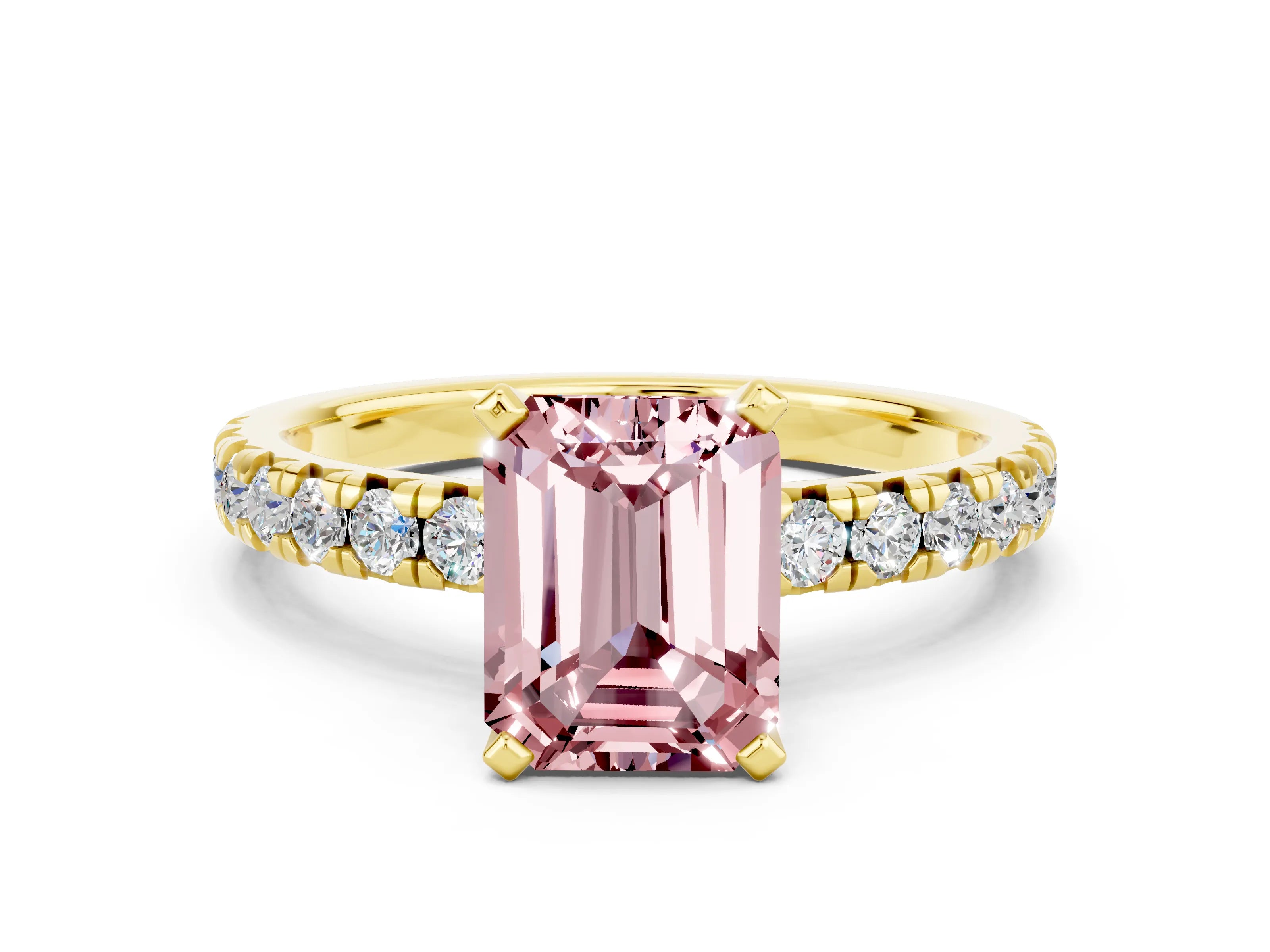 Yellow gold Emerald Cut Solitaire Pave Diamond Engagement Ring with Four-Prong Setting