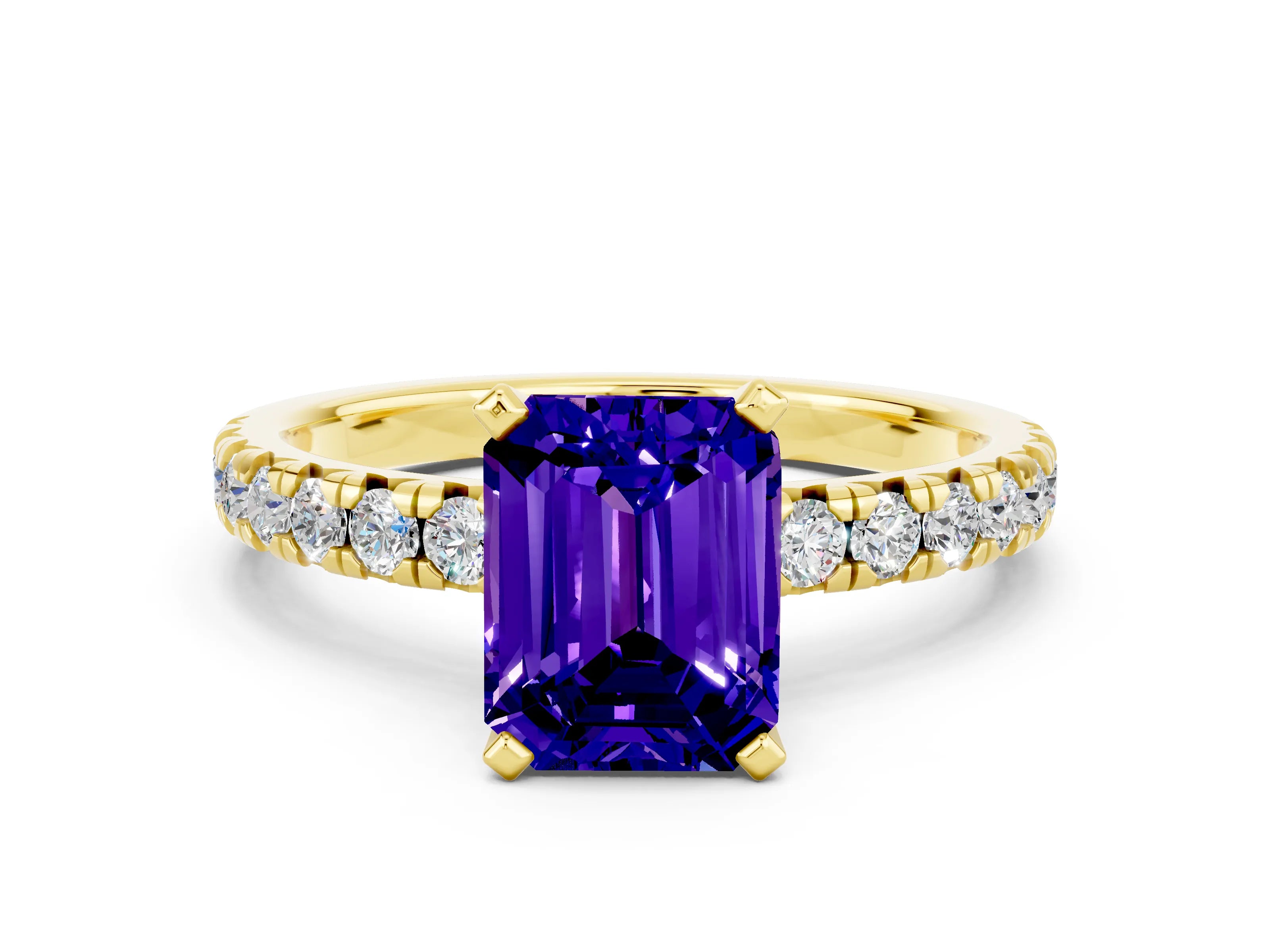 Yellow gold Emerald Cut Solitaire Pave Diamond Engagement Ring with Four-Prong Setting