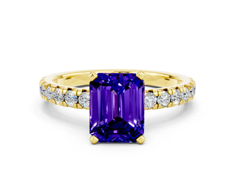 Yellow gold Emerald Cut Solitaire Pave Diamond Engagement Ring with Four-Prong Setting