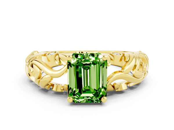 Yellow gold Emerald Cut Solitaire Peridot Leaf-Inspired Vine Band Ring with Prong Setting