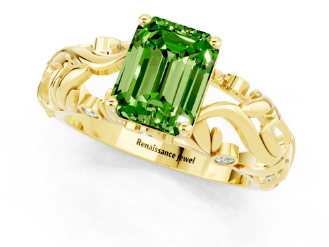 Yellow gold Emerald Cut Solitaire Peridot Leaf-Inspired Vine Band Ring with Prong Setting_1