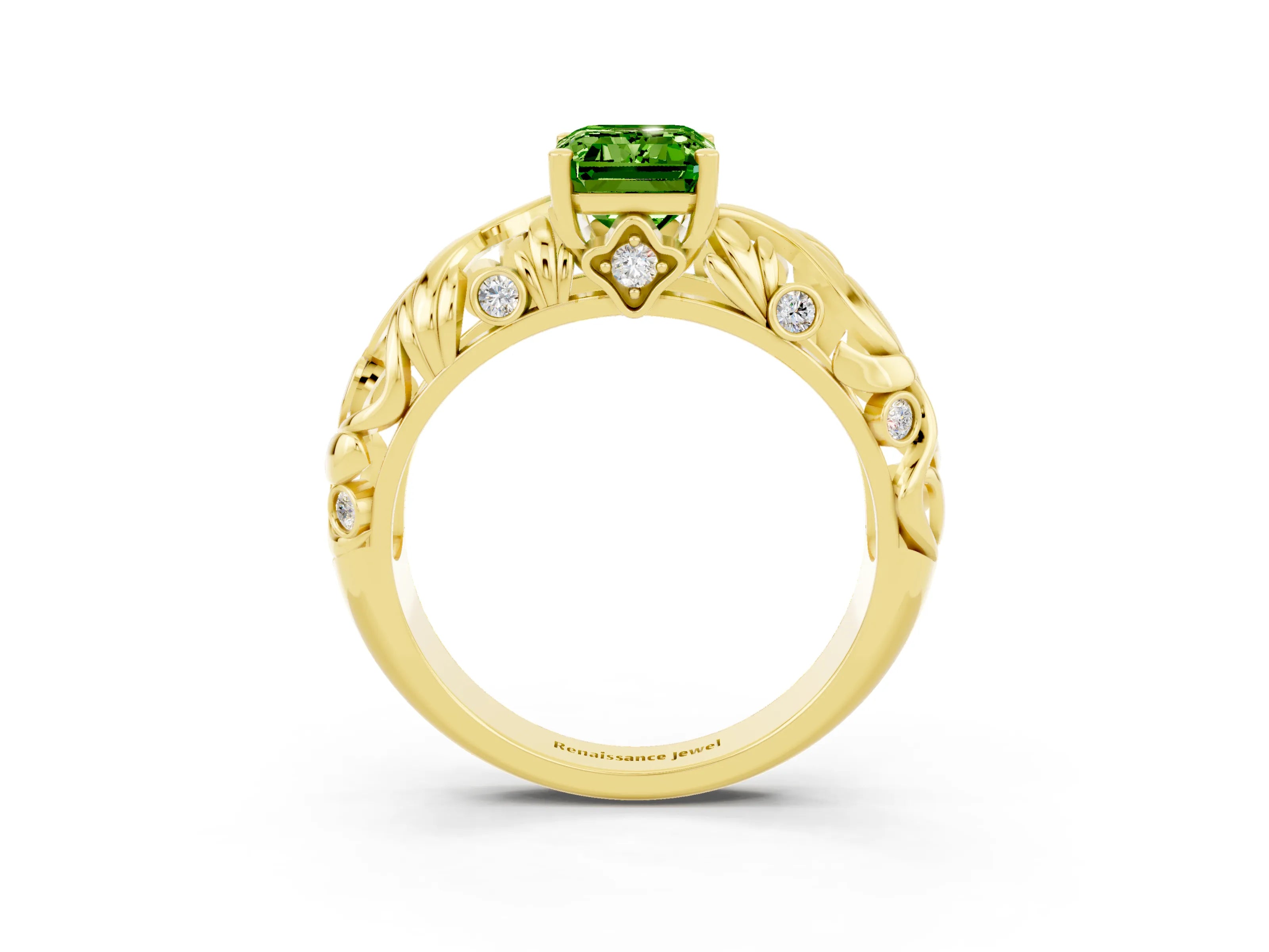 Yellow gold Emerald Cut Solitaire Peridot Leaf-Inspired Vine Band Ring with Prong Setting_3