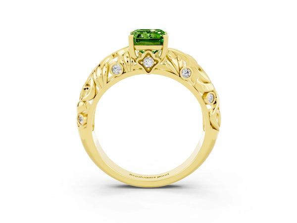 Yellow gold Emerald Cut Solitaire Peridot Leaf-Inspired Vine Band Ring with Prong Setting
