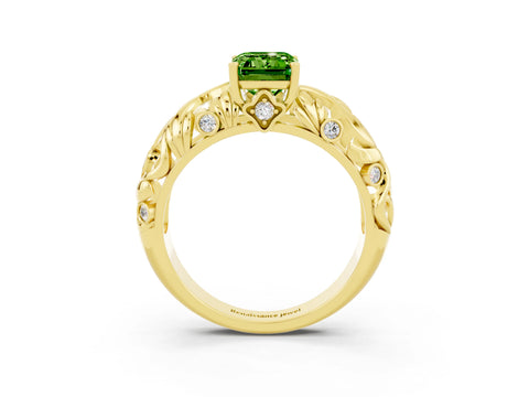 Yellow gold Emerald Cut Solitaire Peridot Leaf-Inspired Vine Band Ring with Prong Setting_3
