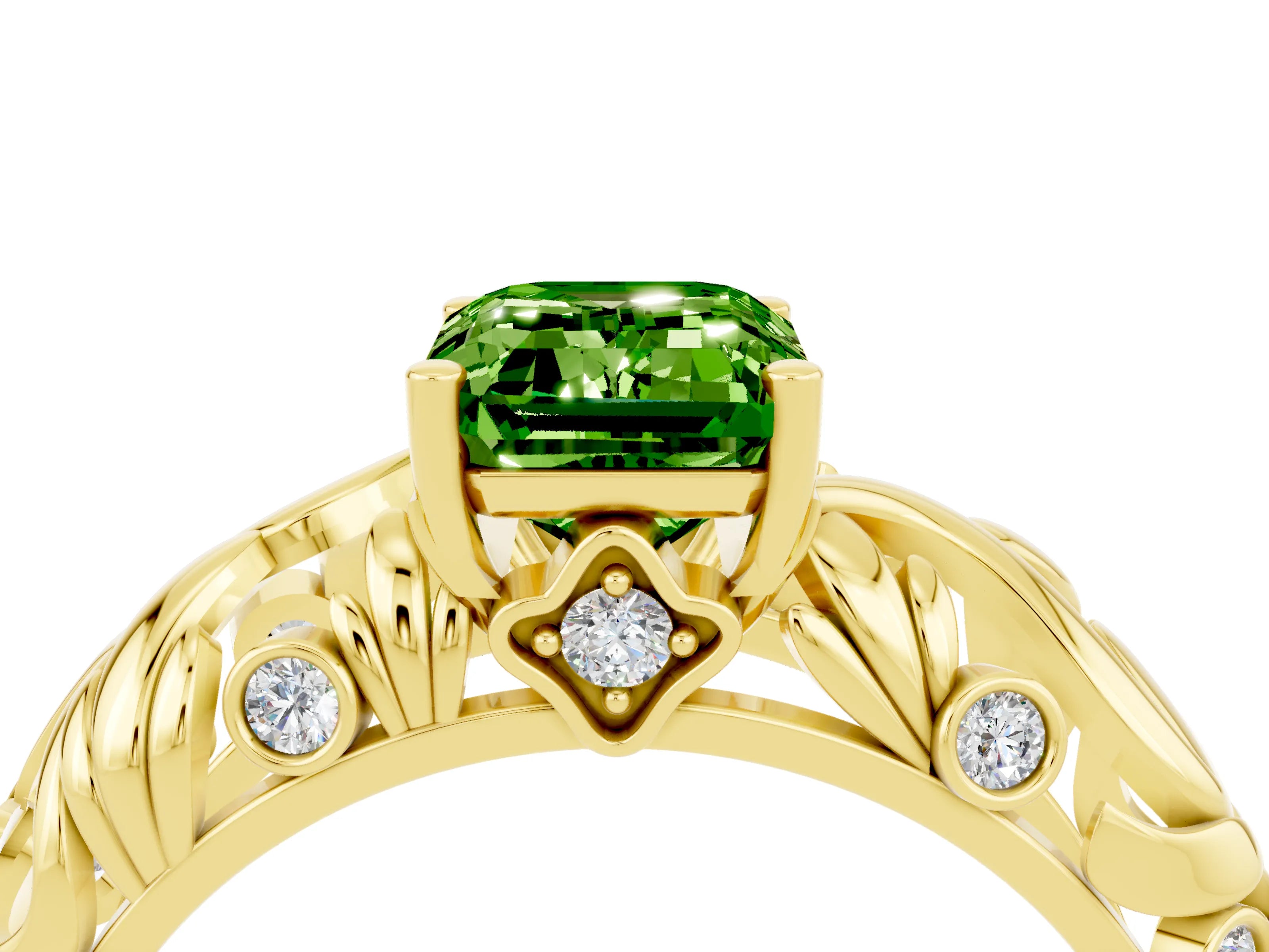 Yellow gold Emerald Cut Solitaire Peridot Leaf-Inspired Vine Band Ring with Prong Setting_4