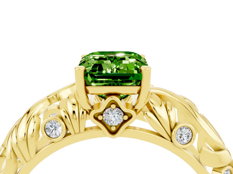 Yellow gold Emerald Cut Solitaire Peridot Leaf-Inspired Vine Band Ring with Prong Setting_4